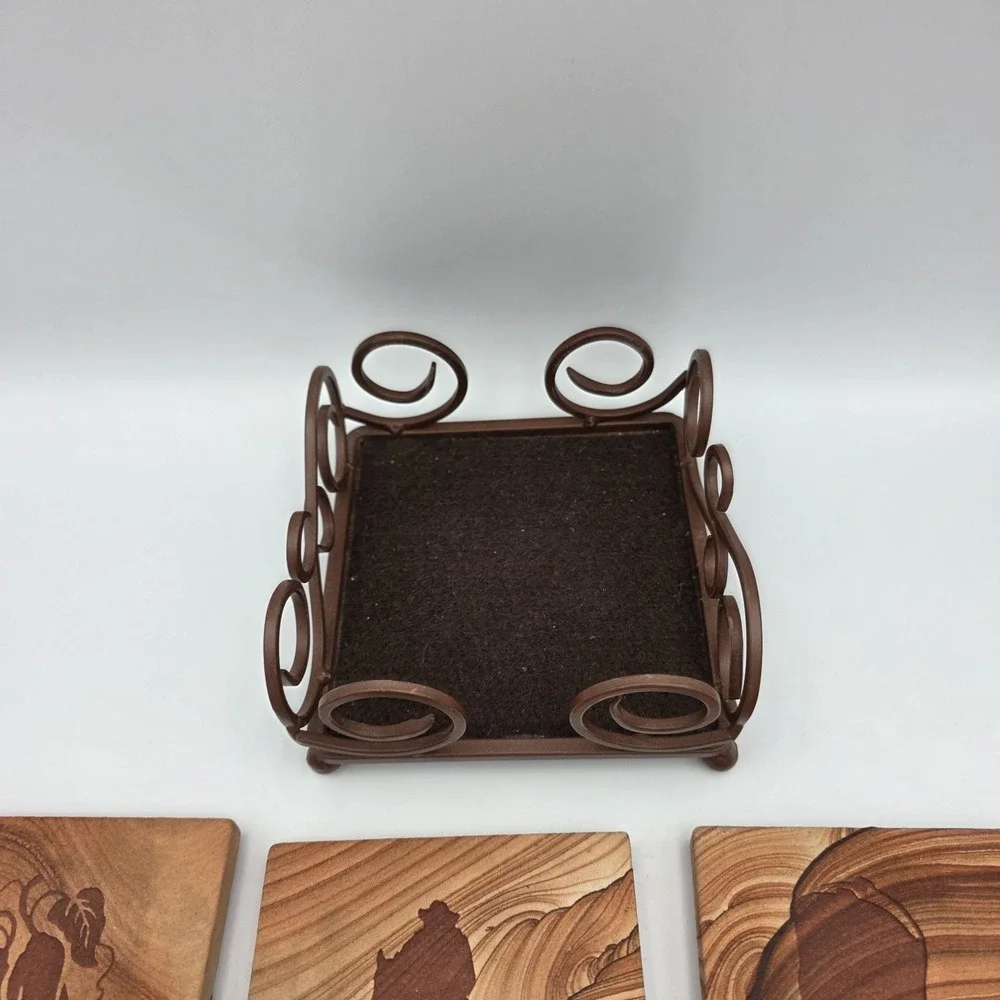 King Ranch Engraved Sanded Tile Coaster Set with Holder Western Horses Texas 9pc